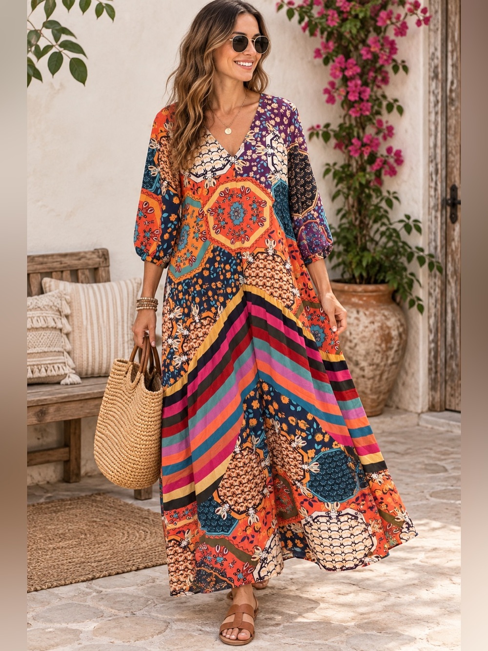 HEKKA XXL Patchwork Boho Maxi Dress Multicolor NWT